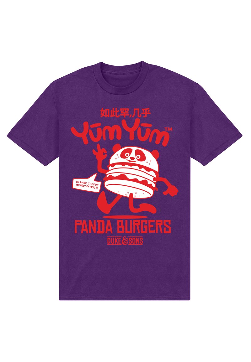 Lilla bomulds-t-shirt med en tegneserie panda burger grafik i rød, med teksten "Yum Yum" og "Panda Burgers" ovenfor og nedenfor.