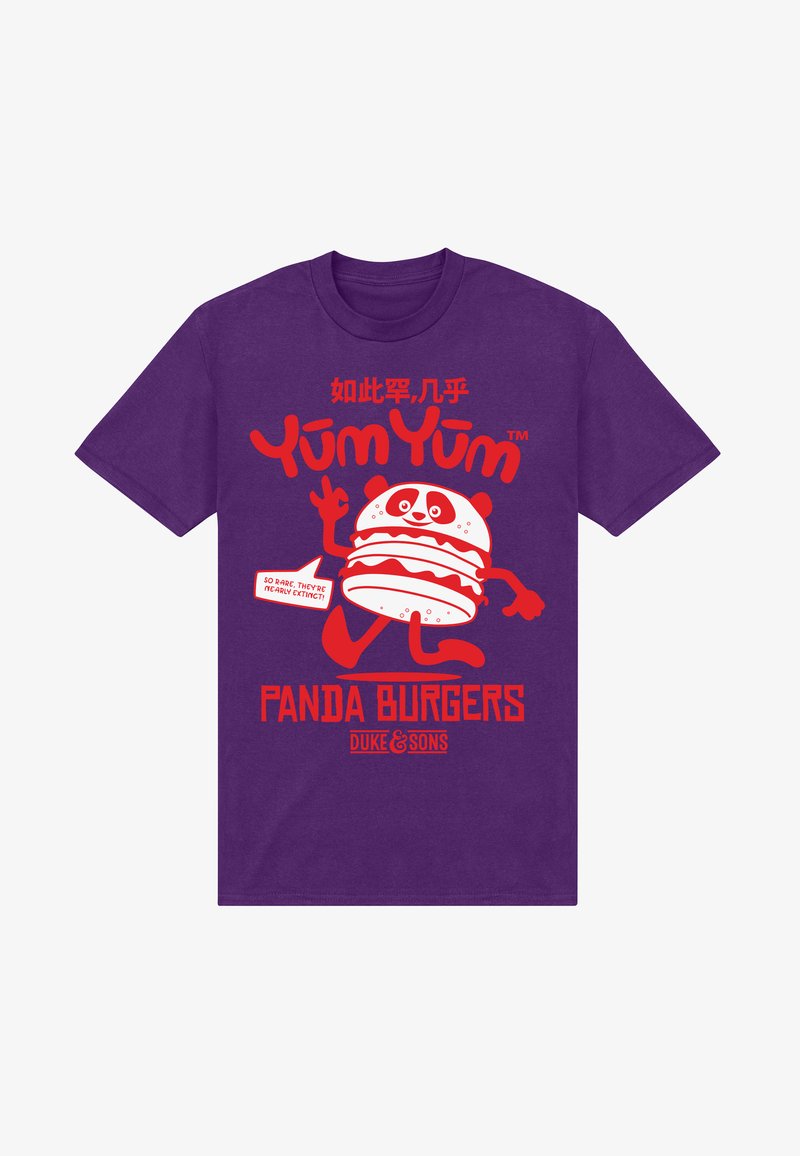 Lilla bomulds-t-shirt med en tegneserie panda burger grafik i rød, med teksten "Yum Yum" og "Panda Burgers" ovenfor og nedenfor.