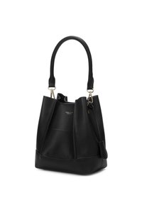 Black leather handbag with a structured shape, featuring a single handle, gold hardware accents, and a folding top design.
