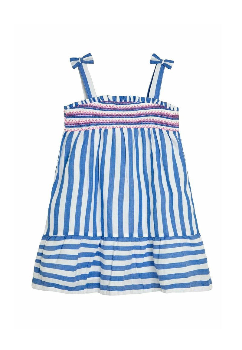 Robe à rayures bleues et blanches avec smocks élastiques en haut, bretelles réglables avec un nœud et un bas en volants évasés à niveaux.