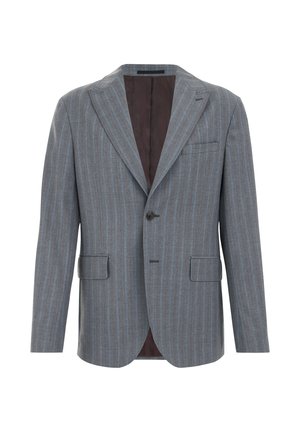 Blazer rayé gris avec une fermeture à un bouton, revers crantés, deux poches avant et doublure intérieure marron. Coupe ajustée avec épaules structurées.