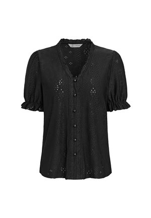 Blusa in pizzo con intagli neri, maniche corte a sbuffo, parte anteriore con bottoni, scollatura a V e dettagli con bordi smerlati.