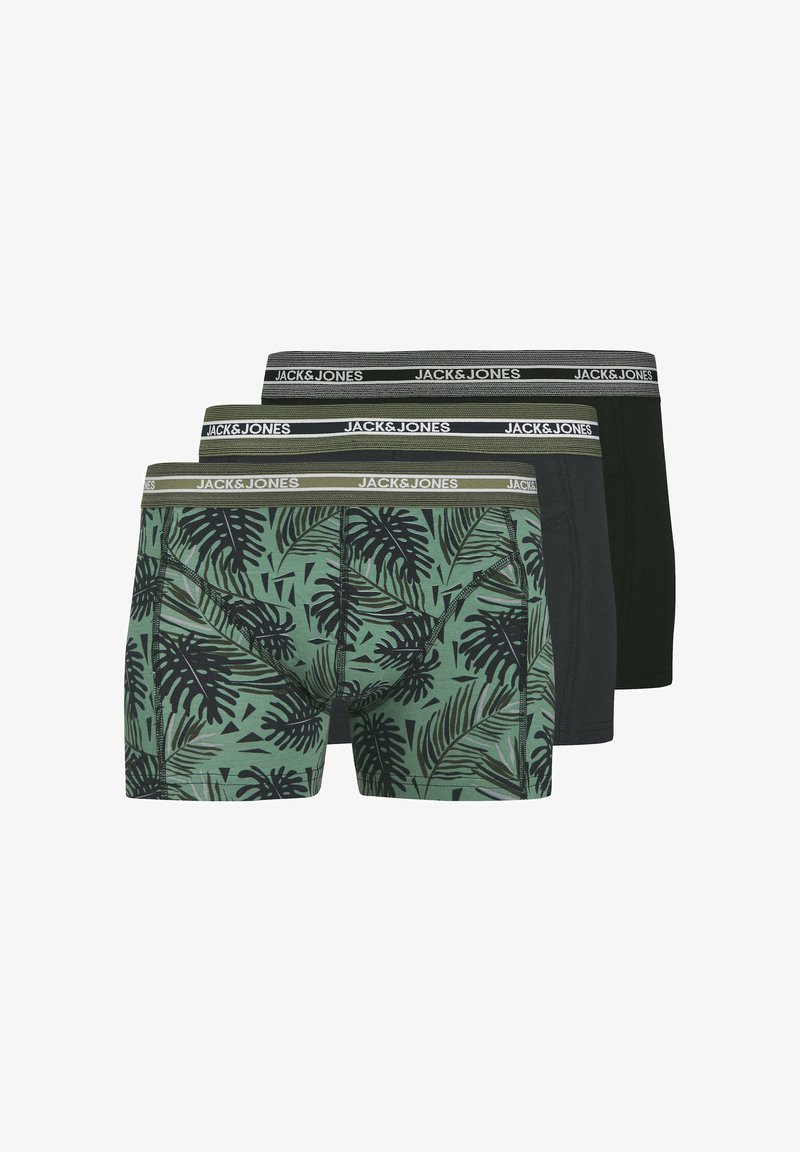 Three pairs of men's boxer shorts in green with leaf patterns, dark gray, and black colors, featuring branded elastic waistbands.