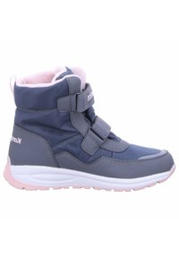 Bottes mi-hautes bleues et grises avec des accents roses, dotées de deux sangles Velcro, d'un col rembourré et d'une semelle en caoutchouc texturé.