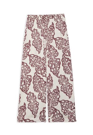 Pantalon à jambes larges avec un grand motif abstrait de feuilles bordeaux sur fond blanc, doté d'une taille élastique et de poches latérales.