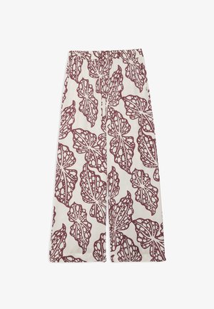Pantalon à jambes larges avec un grand motif abstrait de feuilles bordeaux sur fond blanc, doté d'une taille élastique et de poches latérales.