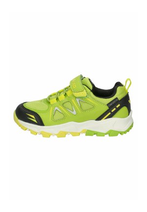 Green athletic shoe with mesh and synthetic upper, black accents, adjustable strap, textured sole, and multi-colored tread.