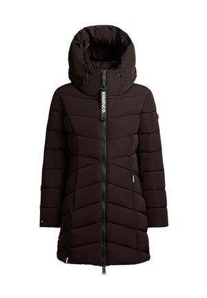 Black padded coat with a high collar and zip fastening. Features diagonal quilted design, adjustable hood, and side pockets.