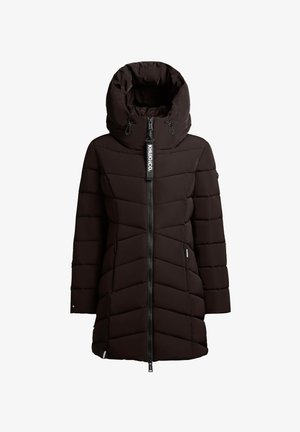 Must must mantel kõrge krae ja tõmblukuga. Omab diagonaalset tikandit, reguleeritavat kapuutsi ja küljetaskuid.