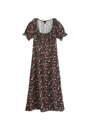 Robe midi noire à fleurs roses et rouges, manches courtes bouffantes et encolure ronde avec bordure à volants.