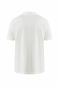 Korte mouwen polo shirt in licht crème, met een subtiele gestreepte textuur, klassieke kraag en een relaxte fit. Geen zichtbare branding.