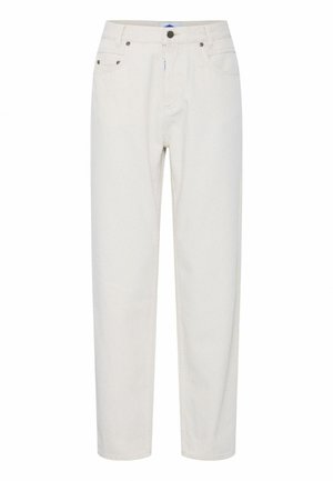 Hvite denimjeans med rett ben, med fem-lommes design og bronseknapper. Enkle i tekstur uten synlige mønstre.