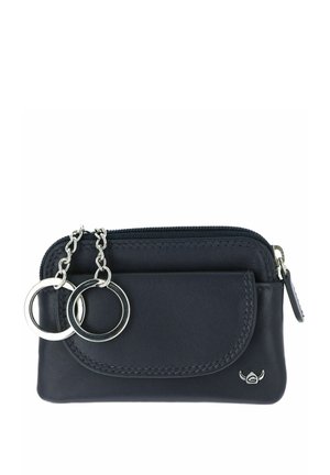 Petit porte-clés compact en cuir noir avec fermeture éclair, poche avant et deux anneaux porte-clés argentés attachés à des chaînes.