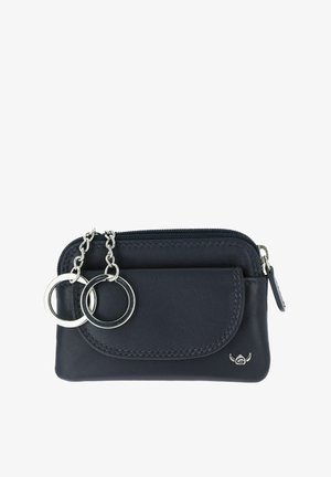 Petit porte-clés compact en cuir noir avec fermeture éclair, poche avant et deux anneaux porte-clés argentés attachés à des chaînes.