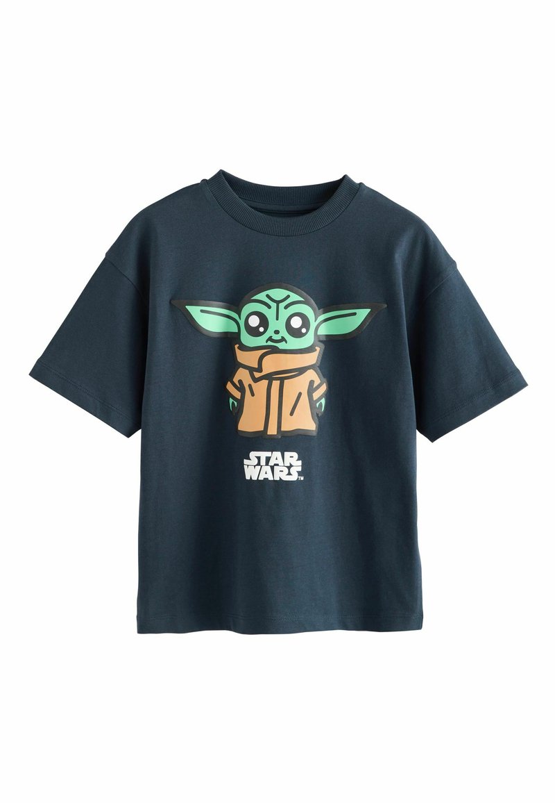 Dark blue t-shirt with a cartoon Baby Yoda wearing a brown robe and "Star Wars" text beneath the character on the front.