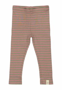 Geribbelde legging in olijfgroen met roze horizontale strepen, met een elastische tailleband en een klein label aan de onderrand.