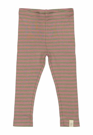 Rippleggings in Olivgrün mit pinken horizontalen Streifen, ausgestattet mit einem elastischen Bund und einem kleinen Etikett am unteren Saum.