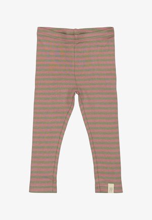 Leggings acanalados en verde oliva con rayas horizontales rosas, con una cinturilla elástica y una pequeña etiqueta en el dobladillo inferior.