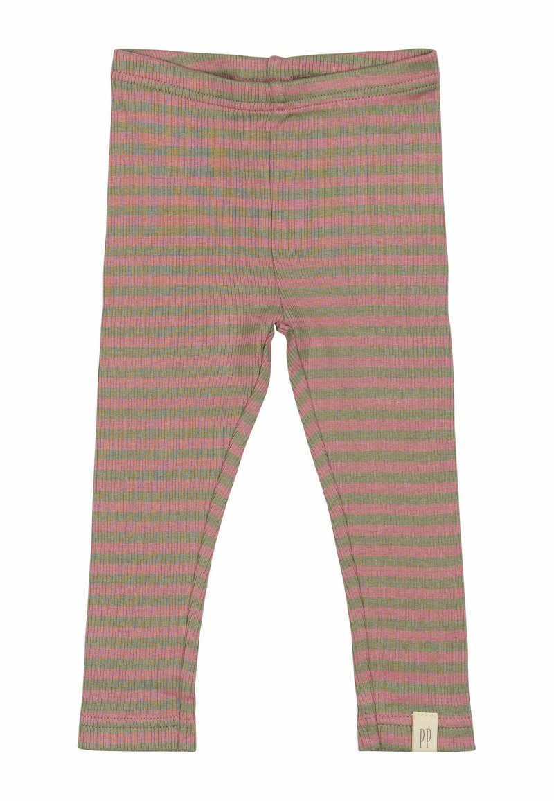Geribbelde legging in olijfgroen met roze horizontale strepen, met een elastische tailleband en een klein label aan de onderrand.