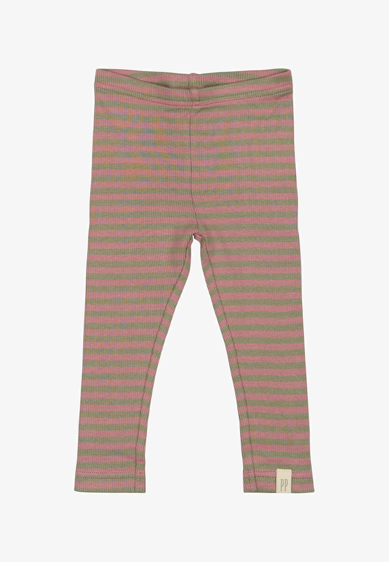 Ribane legice v olivno zeleni barvi z roza vodoravnimi črtami, opremljene z elastičnim pasom in majhno oznako na spodnjem robu.