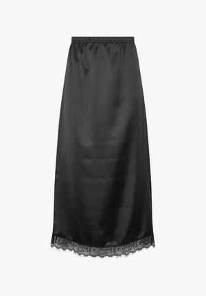 Sort satin midi-nederdel med elastisk taljebånd og blonderkant ved kanten.