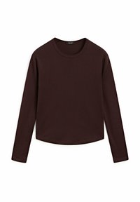 Long-sleeve top made of dark brown fabric, featuring a round neck and a cropped hem. Smooth texture, no visible patterns or hardware.