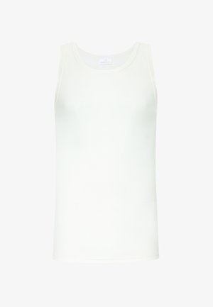 White ribbed tank top with wide armholes and a rounded neckline, made of soft cotton blend fabric, featuring a subtle texture.