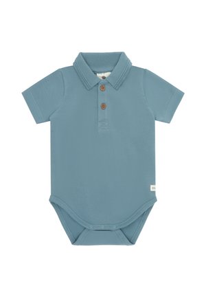 Niebieski, krótki rękaw body dla niemowląt z kołnierzykiem, dwoma drewnianymi guzikami i zapięciami zatrzaskowymi na dole.