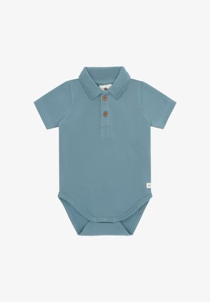 Blauer Baby-Body mit kurzen Ärmeln, Kragen, zwei Holzknöpfen und Druckknöpfen am unteren Saum.