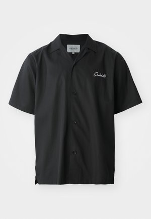 Schwarzes kurzärmliges Hemd mit Knopfleiste und Campkragen, ausgestattet mit einem weißen gestickten Logo auf der Brust und einer lässigen Passform.