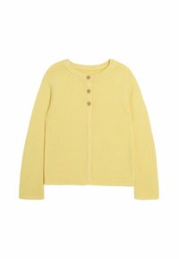 Gul stickad cardigan med rund halsringning, tre träknappar framtill och långa ärmar; textil med struktur.