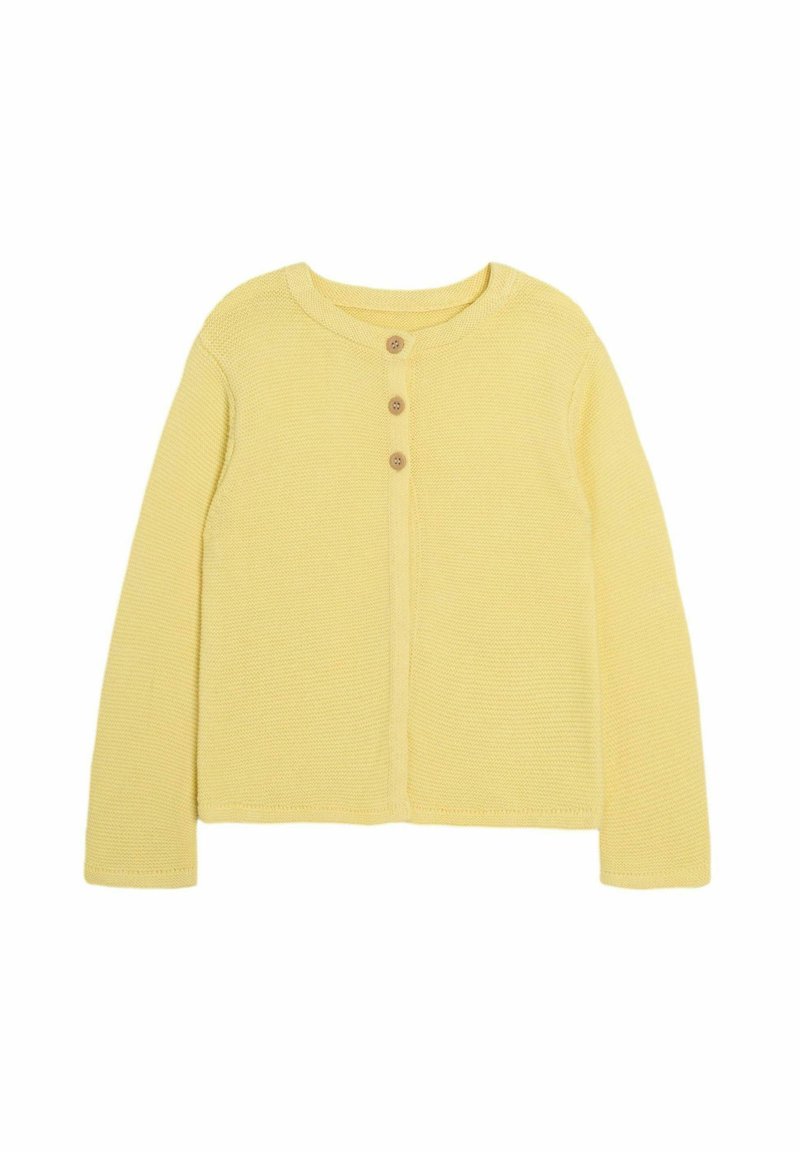 Gul stickad cardigan med rund halsringning, tre träknappar framtill och långa ärmar; textil med struktur.