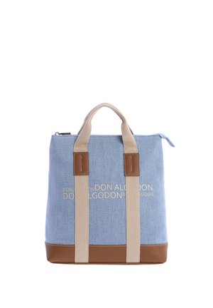 Bolso tote azul y beige con detalles en cuero marrón, doble asa, cierre de cremallera y logo repetido "DON ALGODON" en el frente.