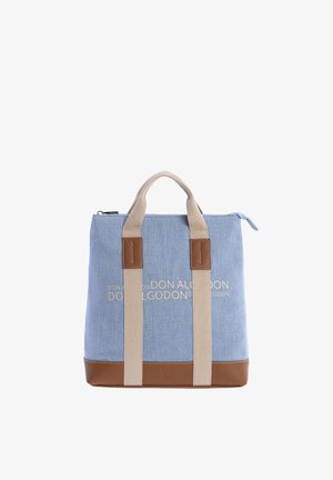 Bolso tote azul y beige con detalles en cuero marrón, doble asa, cierre de cremallera y logo repetido "DON ALGODON" en el frente.