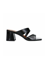 Mules noires à talons avec deux larges lanières, dessus texturé brillant, bout ouvert et talon carré. Semelle lisse et design minimaliste.
