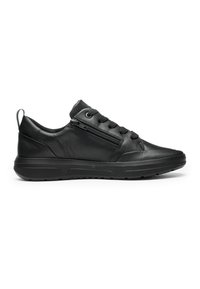 Black low-top sneaker with lace-up front, side zipper, pull tab at heel, and rubber sole.