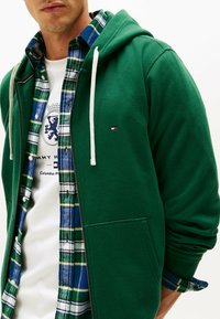 Hombre con sudadera verde con cremallera sobre una camisa de cuadros azul y verde y una camiseta blanca con gráfico, con los cordones de la sudadera colgando.