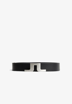 Black leather belt featuring a distinct silver metal buckle shaped like a stylized letter "J." Smooth texture with clean lines.