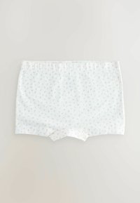Witte katoen boyshorts met een zachte textuur, waarbij een verspreid roze bloemenpatroon is aangebracht en een elastische tailleband voor comfort zorgt.