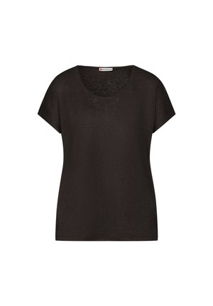 T-shirt noir à manches courtes pour femmes avec encolure ronde, design simple, et étiquette de marque "Street One" à l'intérieur du col.