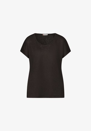 Černé dámské tričko s krátkými rukávy a kulatým výstřihem, jednoduchý design a štítek značky "Street One" uvnitř límce.