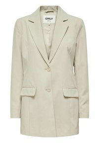Blazer beige à manches longues, ajusté, avec deux boutons, revers crantés et poches avant à rabat, étiqueté "ONLY."