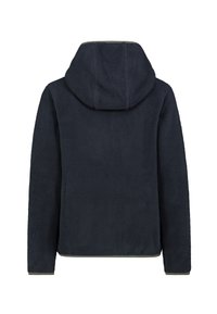 Marine fleecejack met een gestructureerde afwerking, voorzien van een trekkoordcapuchon en contrasterende lichtgrijze rand langs de mouwen en zoom.