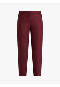 Pantaloni bordeaux con design a gamba dritta, caratterizzati da una chiusura frontale con bottoni e tasche pulite. Realizzati in tessuto liscio con una sottile texture.
