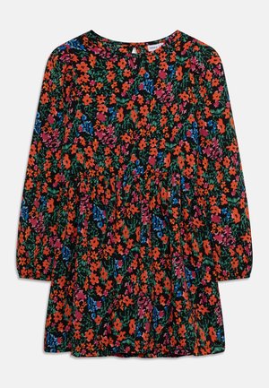 Robe noire à manches longues avec un motif floral éclatant orange, rose, bleu et vert et une taille froncée.
