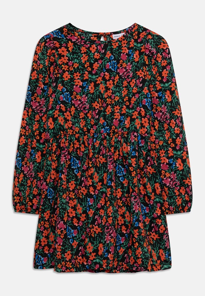 Robe noire à manches longues avec un motif floral éclatant orange, rose, bleu et vert et une taille froncée.