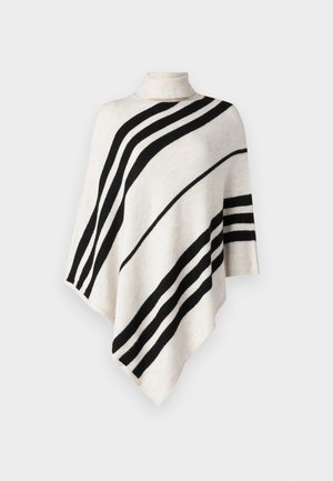 Swetrowy poncz w kremowym kolorze z czarnymi ukośnymi paskami. Wysoki kołnierz i asymetryczny dół. Miękka tekstura i wszechstronny krój. Idealny do noszenia w warstwach.