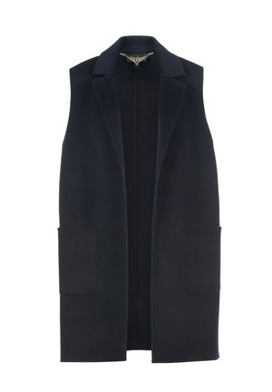 Navy sleeveless vest with two front pockets, a notched collar, and a metal clasp at the neckline. Soft, textured fabric.