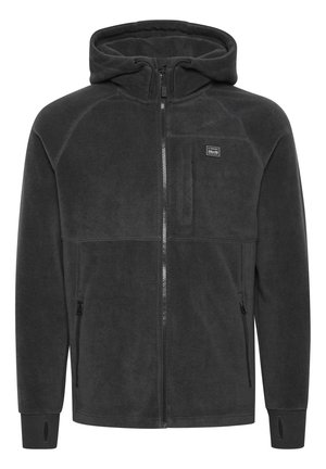 Chaqueta de forro polar gris con capucha, cierre de cremallera, dos bolsillos laterales y un bolsillo en el pecho. Presenta puños acanalados y una etiqueta de logo en el pecho.