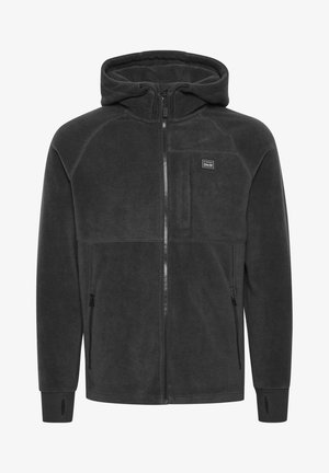 Sivý fleecový kabát s kapucňou, so zipsom, dvoma bočnými vreckami a vreckom na hrudi. Obsahuje rebrované manžety a logovú nálepku na hrudi.